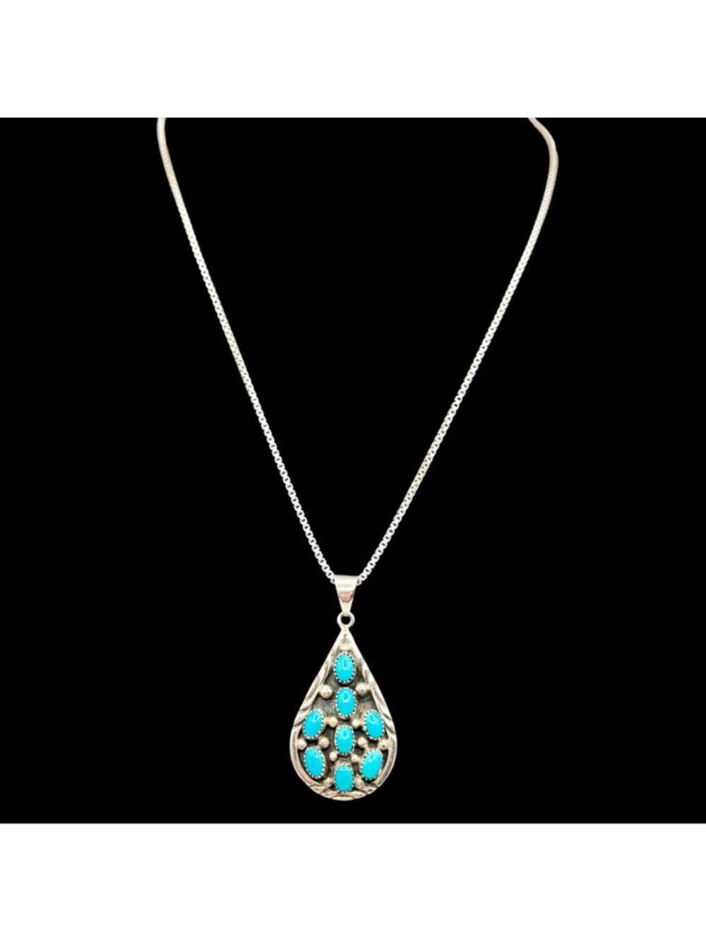 Vintage Sterling Silver Turquoise Teardrop Pendant Sawtooth Bezel Signed NG - Picture 2 of 15